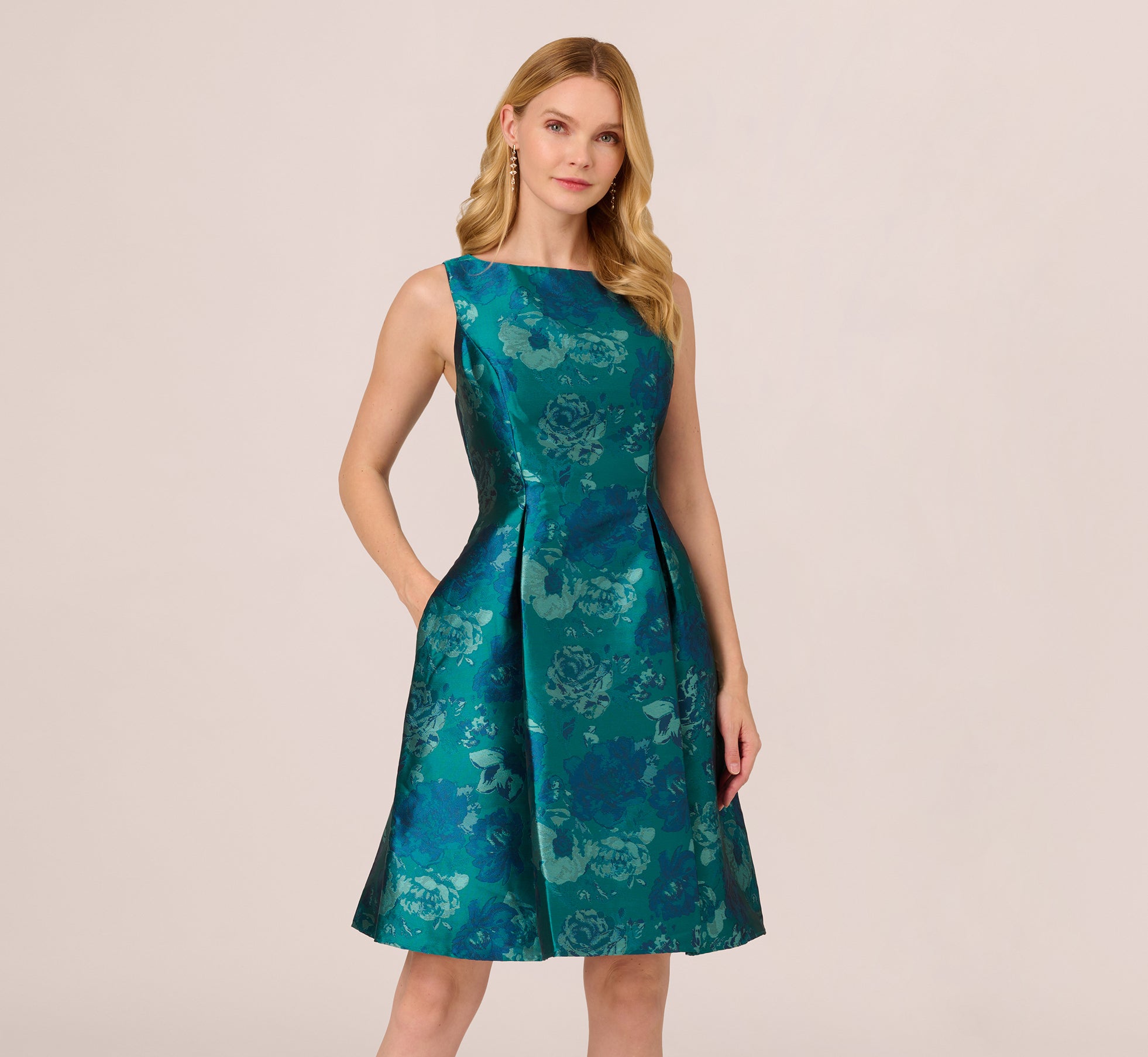 Floral Jacquard Sleeveless Midi Dress With Cutout Back In Teal Multi