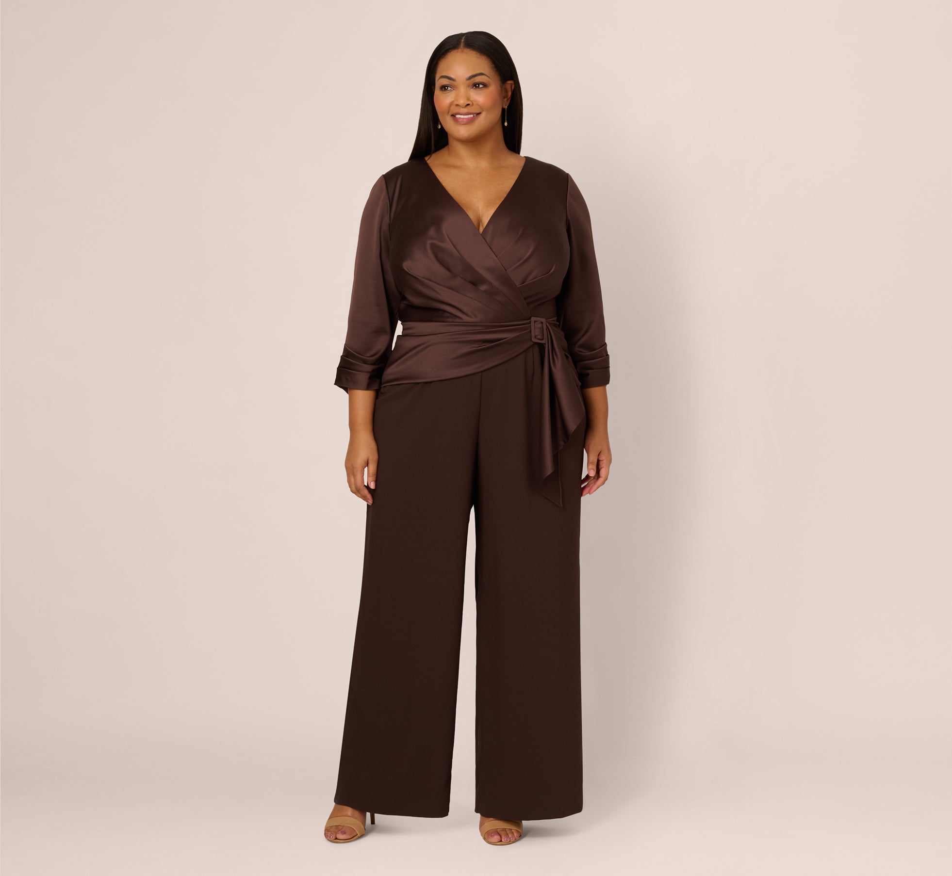 Plus Size Satin Crepe Three Quarter Sleeve Jumpsuit With Buckle