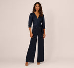 Satin Crepe Three Quarter Sleeve Jumpsuit With Buckle Waist In Dark Navy 3
