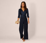 Satin Crepe Three Quarter Sleeve Jumpsuit With Buckle Waist In Dark Navy 2