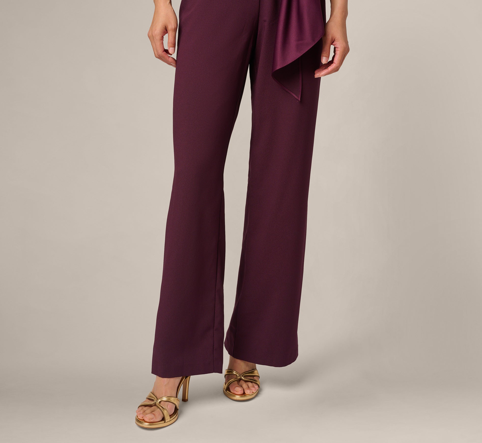 Purple Satin Crepe Three Quarter Sleeve Jumpsuit With Buckle Waist