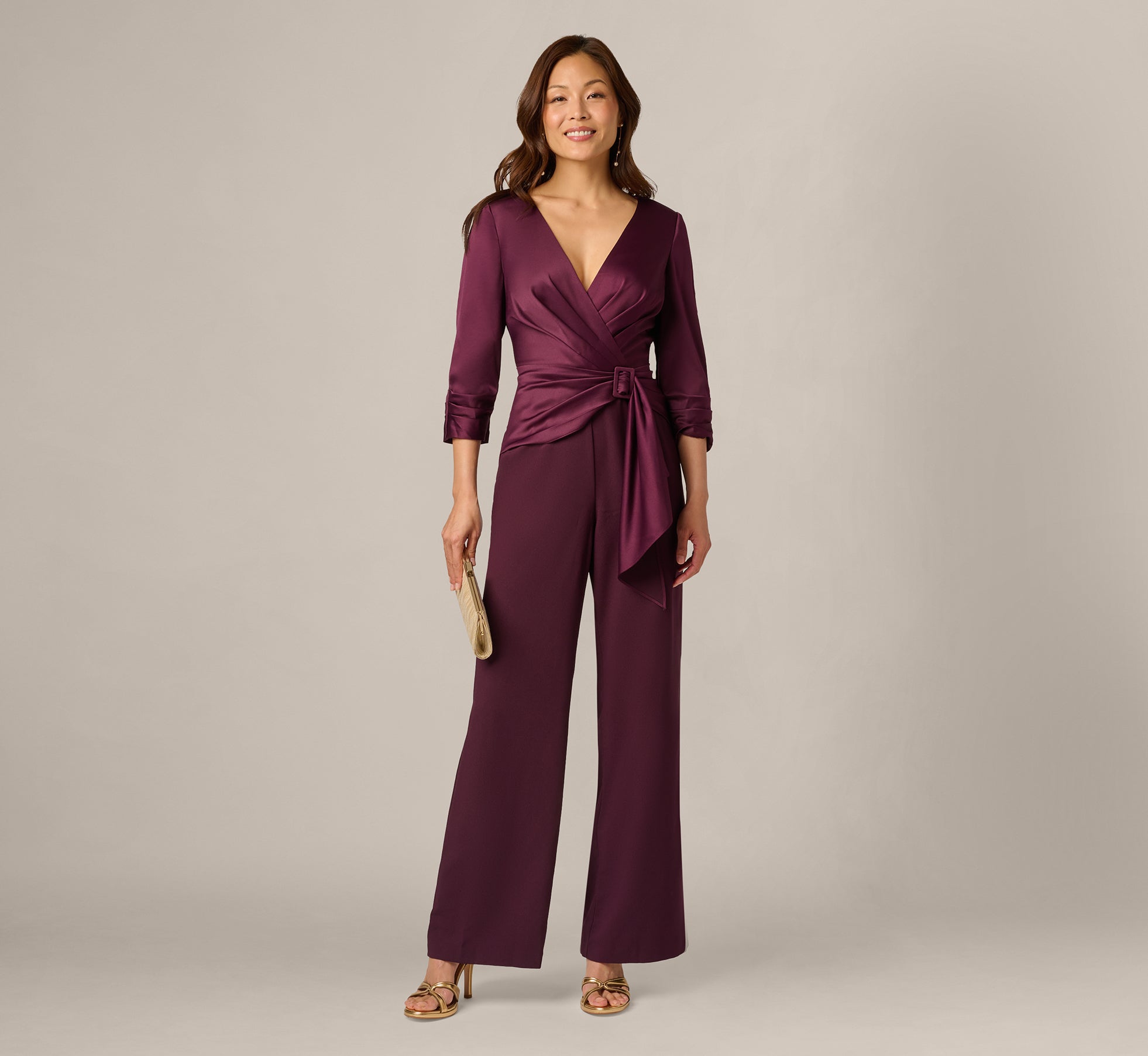 Satin Crepe Three Quarter Sleeve Jumpsuit With Buckle Waist In Bordeaux Glow 1