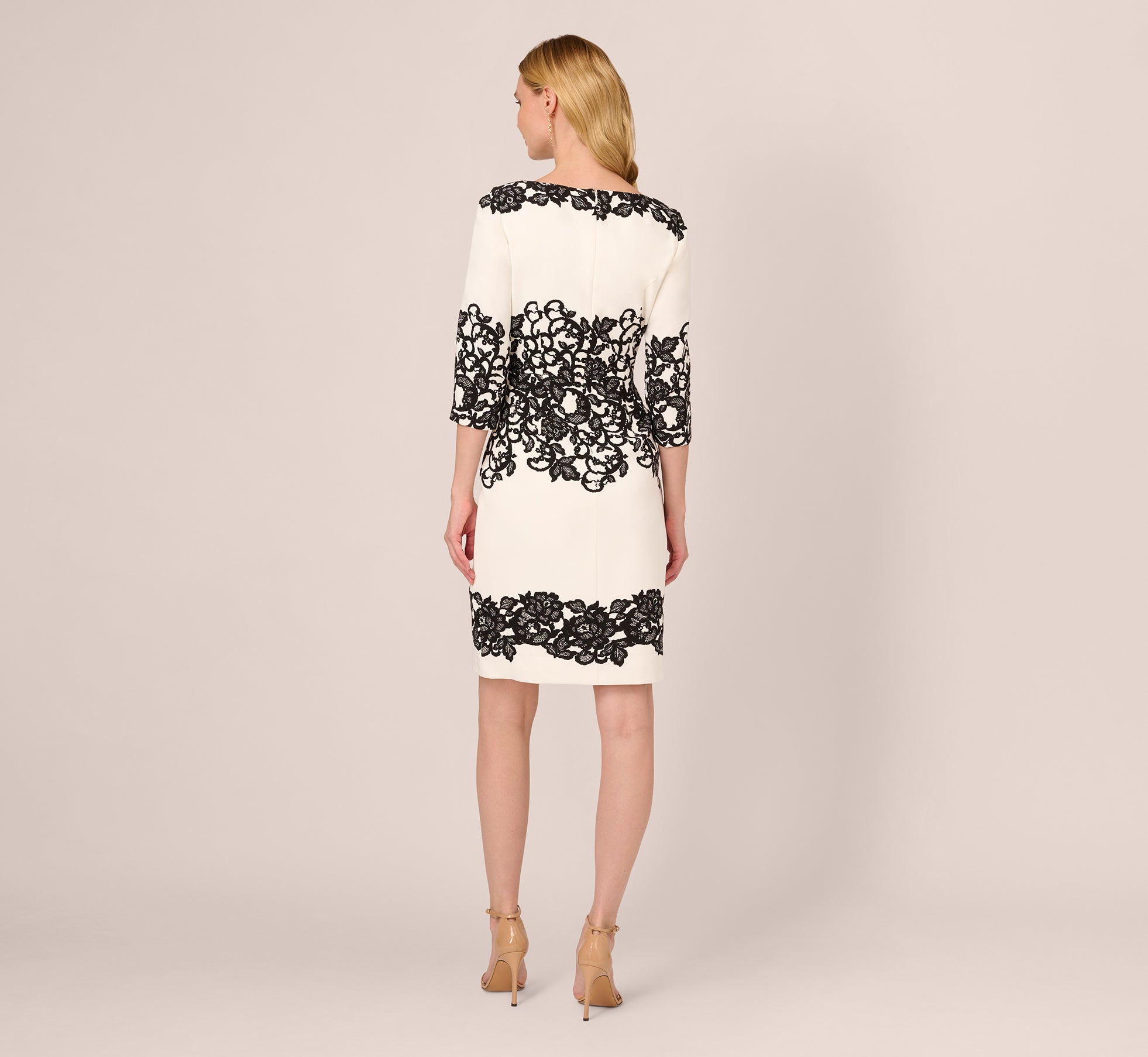Petite Scroll Lace Midi Dress With Three Quarter Sleeves In Ivory Black 1