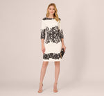 Petite Scroll Lace Midi Dress With Three Quarter Sleeves In Ivory Black 1