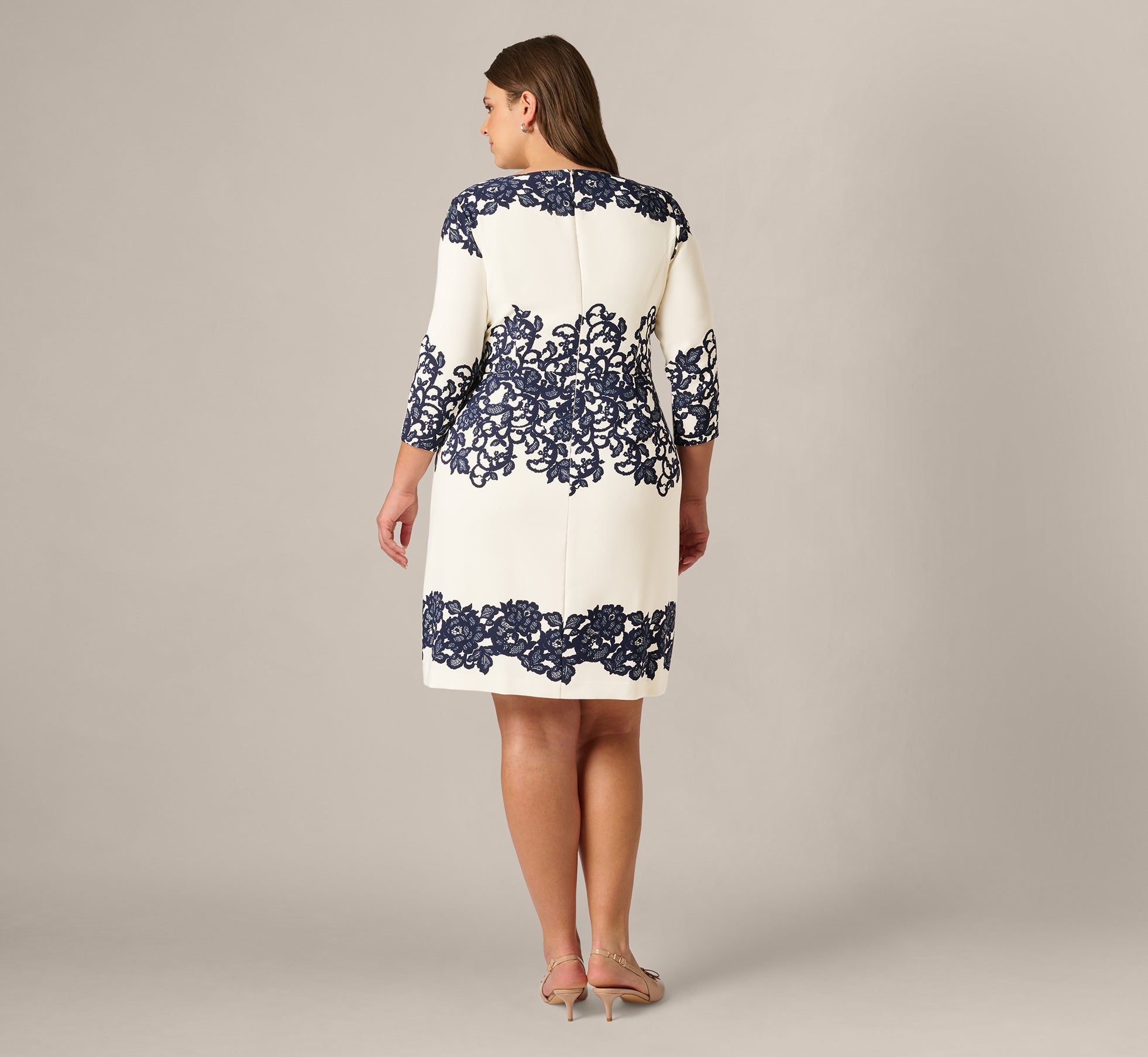 chinese dress ladies Plus Size Scroll Lace Midi Dress With Three Quarter Sleeves In Ivory N