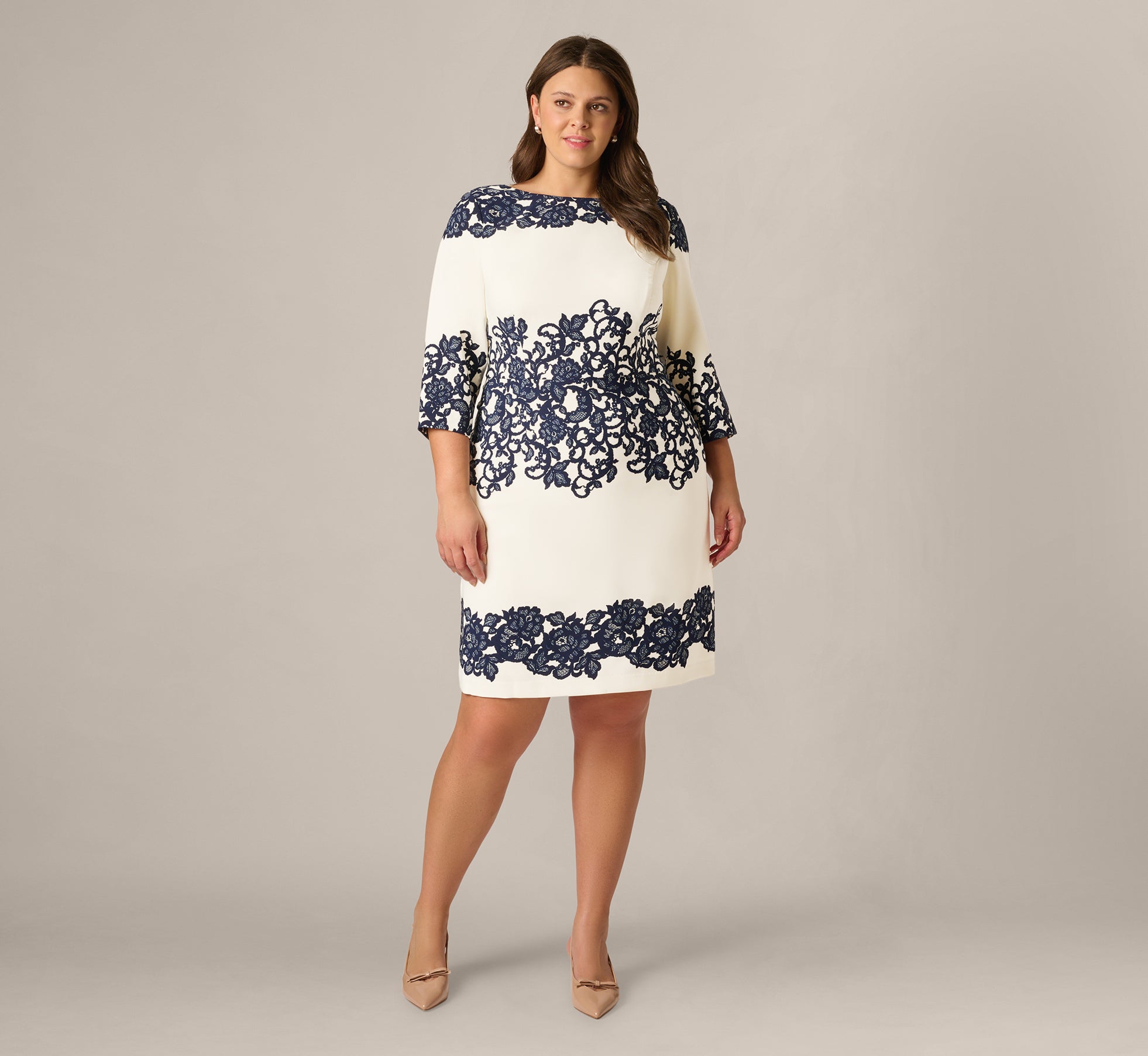 Adrianna Papell Scroll Lace Midi Sheath Dress