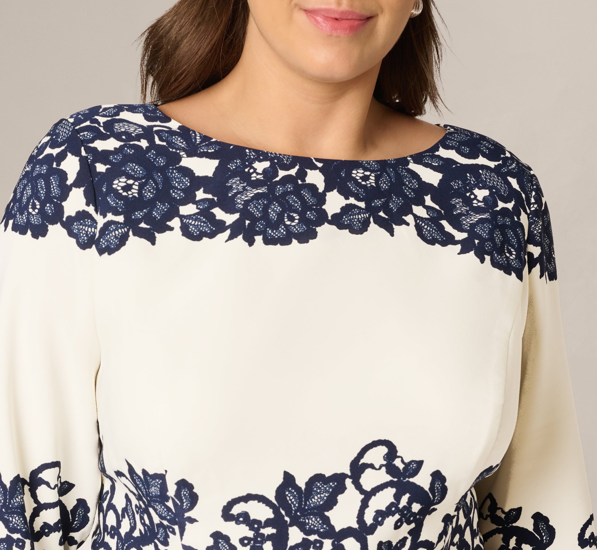White Plus Size Scroll Lace Midi Dress With Three Quarter Sleeves - Adrianna  Papell