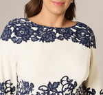 Plus Size Scroll Lace Midi Dress With Three Quarter Sleeves In Ivory Navy 4