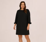 Plus Size Three Quarter Sleeve Shift Dress With Floral Embellished Cuffs In Black 2