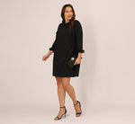 Plus Size Three Quarter Sleeve Shift Dress With Floral Embellished Cuffs In Black 1