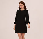 Three Quarter Sleeve Shift Dress With Floral Embellished Cuffs In Black 2