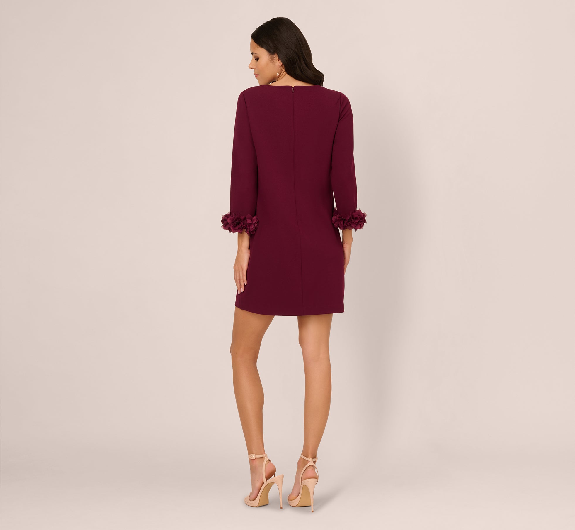 Burgandy Three Quarter Sleeve Shift Dress With Floral Embellished 