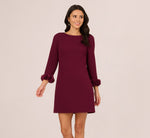 Three Quarter Sleeve Shift Dress With Floral Embellished Cuffs In Cabernet 2