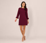 Three Quarter Sleeve Shift Dress With Floral Embellished Cuffs In Cabernet 7