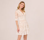 Lace Embroidered V Neck Dress With Elbow Sleeves In Ivory Nude 3