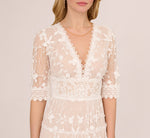 Lace Embroidered V Neck Dress With Elbow Sleeves In Ivory Nude 4