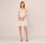 Lace Embroidered V Neck Dress With Elbow Sleeves In Ivory Nude 2