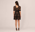 Lace Embroidered V Neck Dress With Elbow Sleeves In Black Nude 5