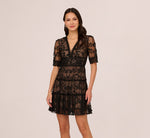 Lace Embroidered V Neck Dress With Elbow Sleeves In Black Nude 2