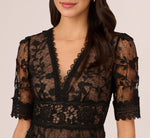 Lace Embroidered V Neck Dress With Elbow Sleeves In Black Nude 3