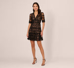 Lace Embroidered V Neck Dress With Elbow Sleeves In Black Nude 7