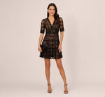 Lace Embroidered V Neck Dress With Elbow Sleeves In Black Nude 1