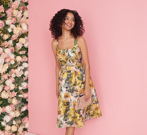 Sleeveless Floral Jacquard Fit And Flare Dress With Square 