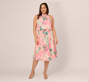 Plus Size Floral Print Chiffon Halter Dress With Mock Neck In Blush Multi