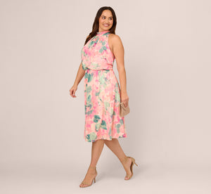 Plus Size Floral Print Chiffon Halter Dress With Mock Neck In Blush Multi