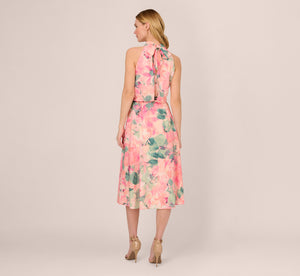 Floral Print Chiffon Halter Dress With Mock Neck In Blush Multi