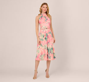 Floral Print Chiffon Halter Dress With Mock Neck In Blush Multi
