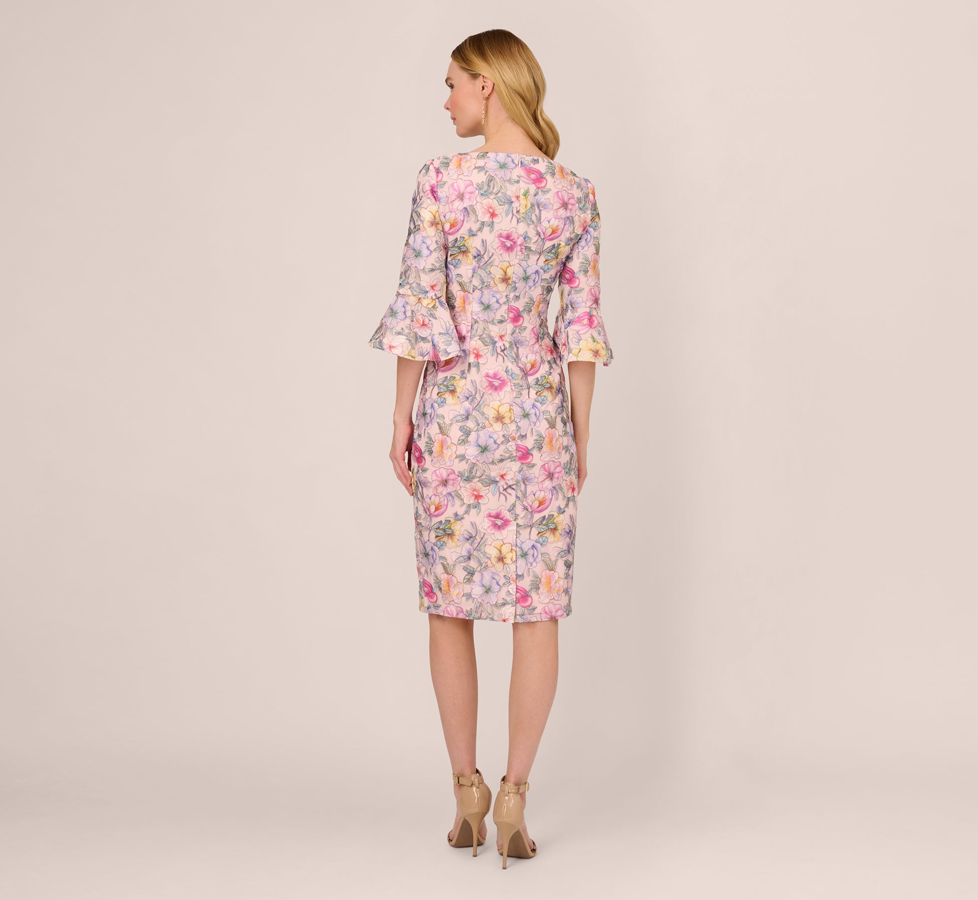 Floral Embroidered Sheath Dress With Three Quarter Bell Sleeves In Blush Multi 1