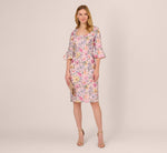 Floral Embroidered Sheath Dress With Three Quarter Bell Sleeves In Blush Multi 2