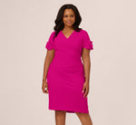 Plus Size Crepe Faux Wrap Sheath Dress With Floral Accent Short Sleeves In Pink Flambe 2