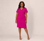 Plus Size Crepe Faux Wrap Sheath Dress With Floral Accent Short Sleeves In Pink Flambe 7