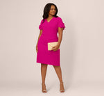 Plus Size Crepe Faux Wrap Sheath Dress With Floral Accent Short Sleeves In Pink Flambe 1