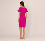 Crepe Faux Wrap Sheath Dress With Floral Accent Short Sleeves In Pink Flambe 5