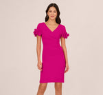 Crepe Faux Wrap Sheath Dress With Floral Accent Short Sleeves In Pink Flambe 2
