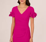 Crepe Faux Wrap Sheath Dress With Floral Accent Short Sleeves In Pink Flambe 3