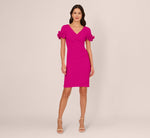 Crepe Faux Wrap Sheath Dress With Floral Accent Short Sleeves In Pink Flambe 7
