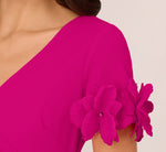 Crepe Faux Wrap Sheath Dress With Floral Accent Short Sleeves In Pink Flambe 4