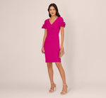 Crepe Faux Wrap Sheath Dress With Floral Accent Short Sleeves In Pink Flambe 1