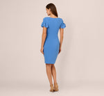 Crepe Faux Wrap Sheath Dress With Floral Accent Short Sleeves In Cool Water 6