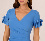 Crepe Faux Wrap Sheath Dress With Floral Accent Short Sleeves In Cool Water 4