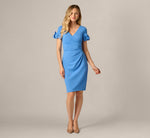 Crepe Faux Wrap Sheath Dress With Floral Accent Short Sleeves In Cool Water 8