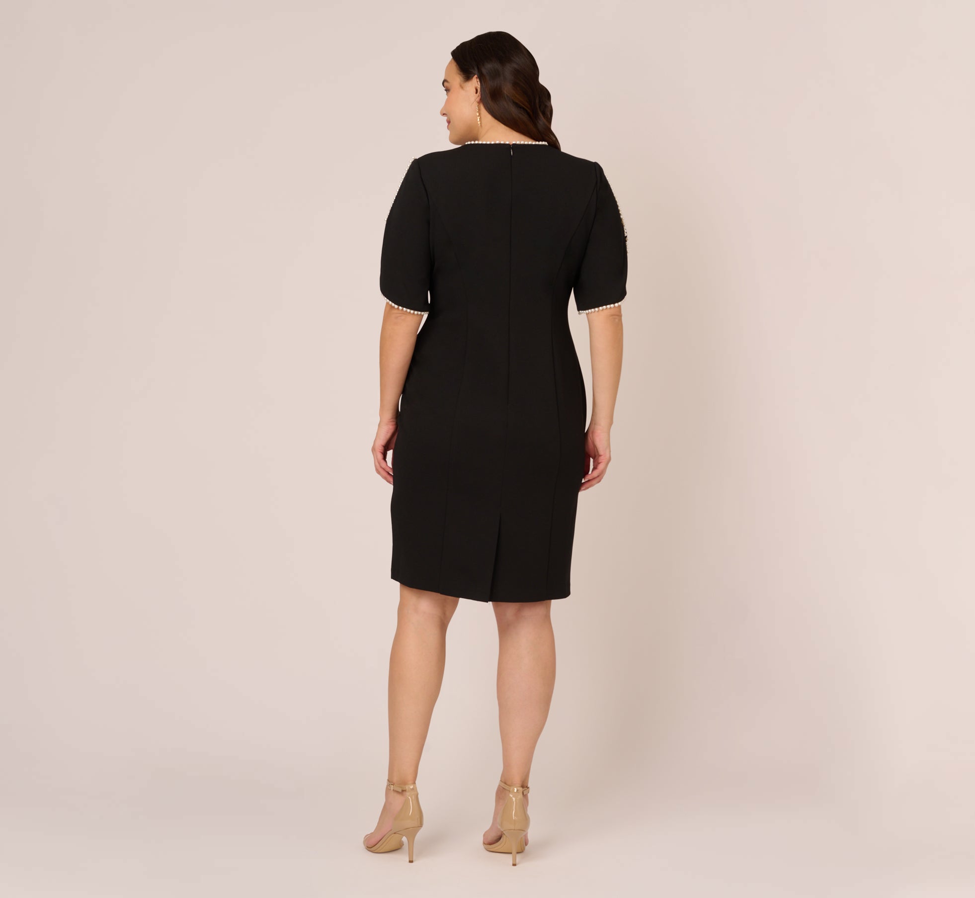 strapless open back dress Plus Size Crepe Midi Length Sheath Dress With Pearly Trim In Black-Black /  Plus Size / 24