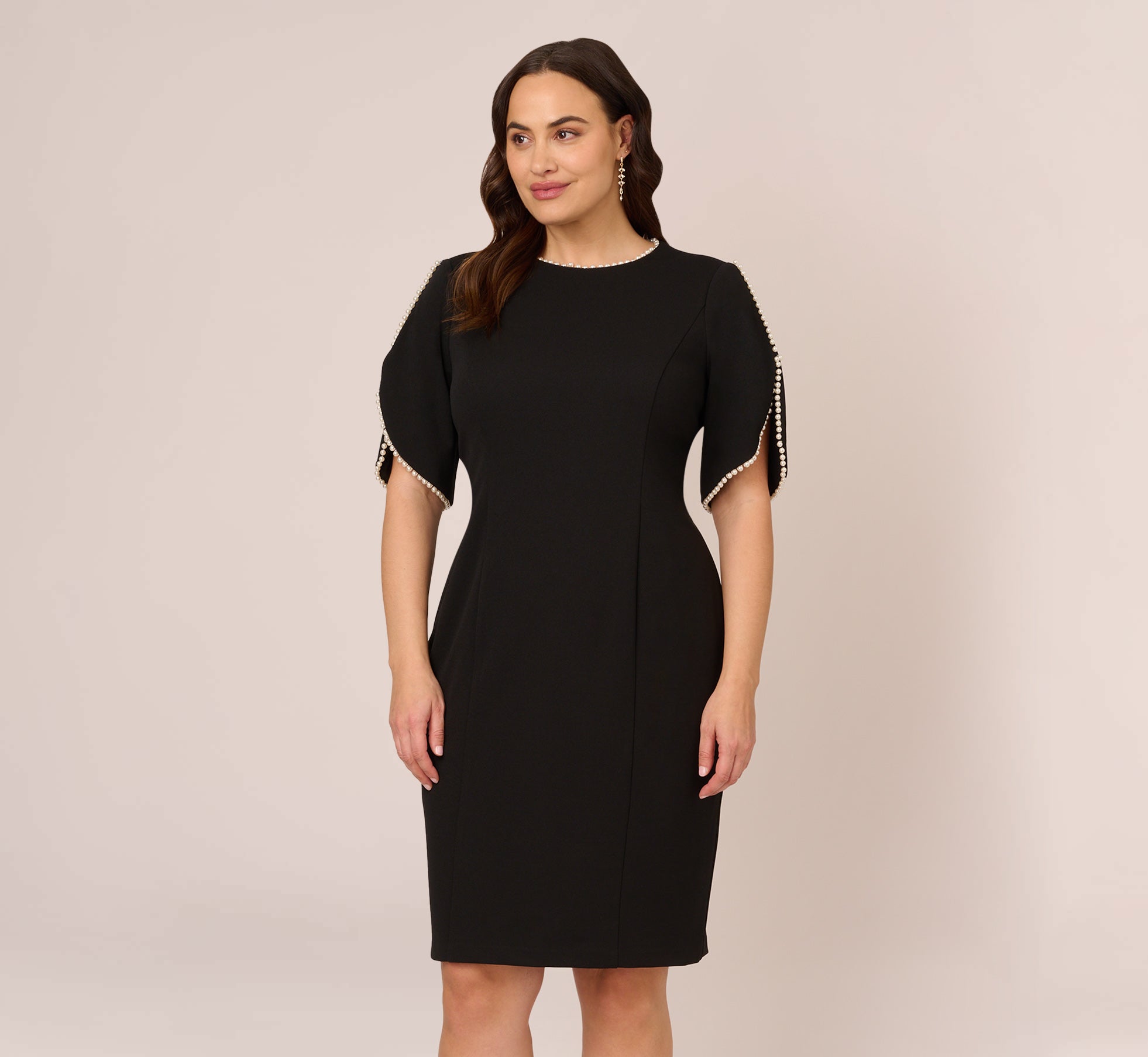 Black Plus Size Crepe Midi Length Sheath Dress With Pearly Trim - Adrianna Papell Black Plus Size Crepe Midi Length Sheath Dress With Pearly Trim - Adrianna Papell