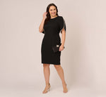 Plus Size Crepe Midi Length Sheath Dress With Pearly Trim In Black 1