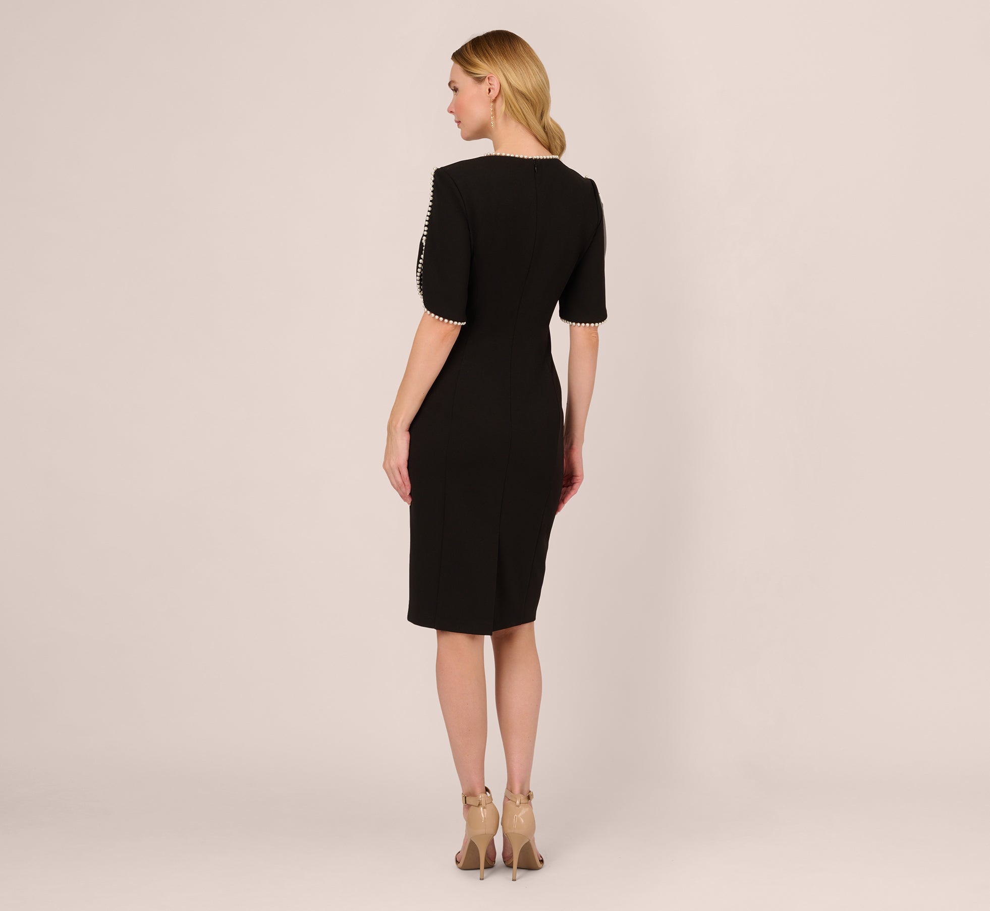 amy formal crepe faux pearl sleeve midi dress Adrianna Papell Plus Imitation Pearl-Trim Crepe Sheath Dress