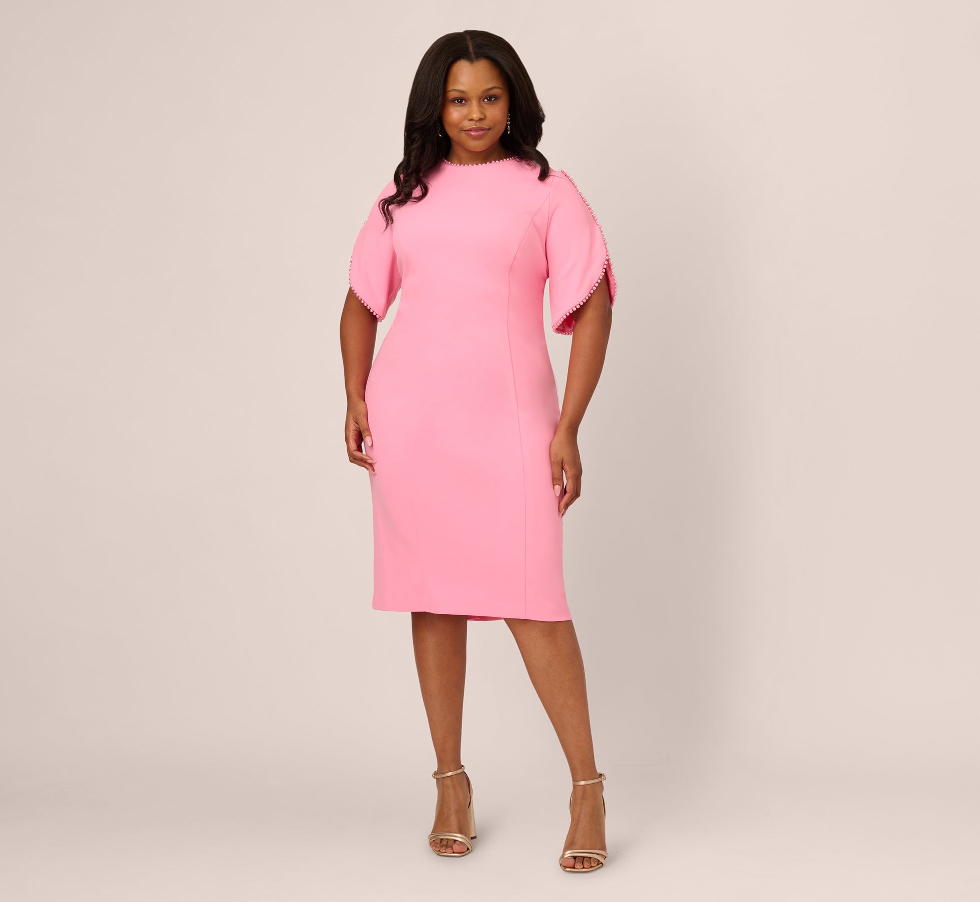 Adrianna Papell Plus Imitation Pearl-Trim Crepe Sheath Dress - Cherry Blossom - Size 14W Adrianna Papell Plus Imitation Pearl-Trim Crepe Sheath Dress - Cherry Blossom - Size 14W